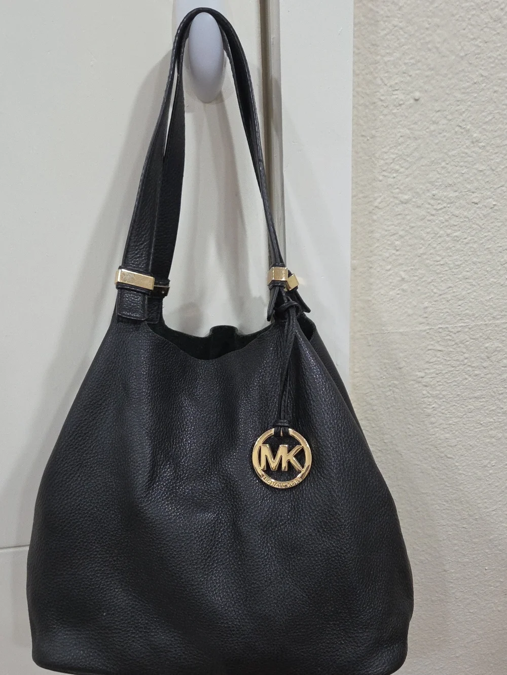 Michael Kors Black Pebbled Leather Hobo with Gold MK Charm